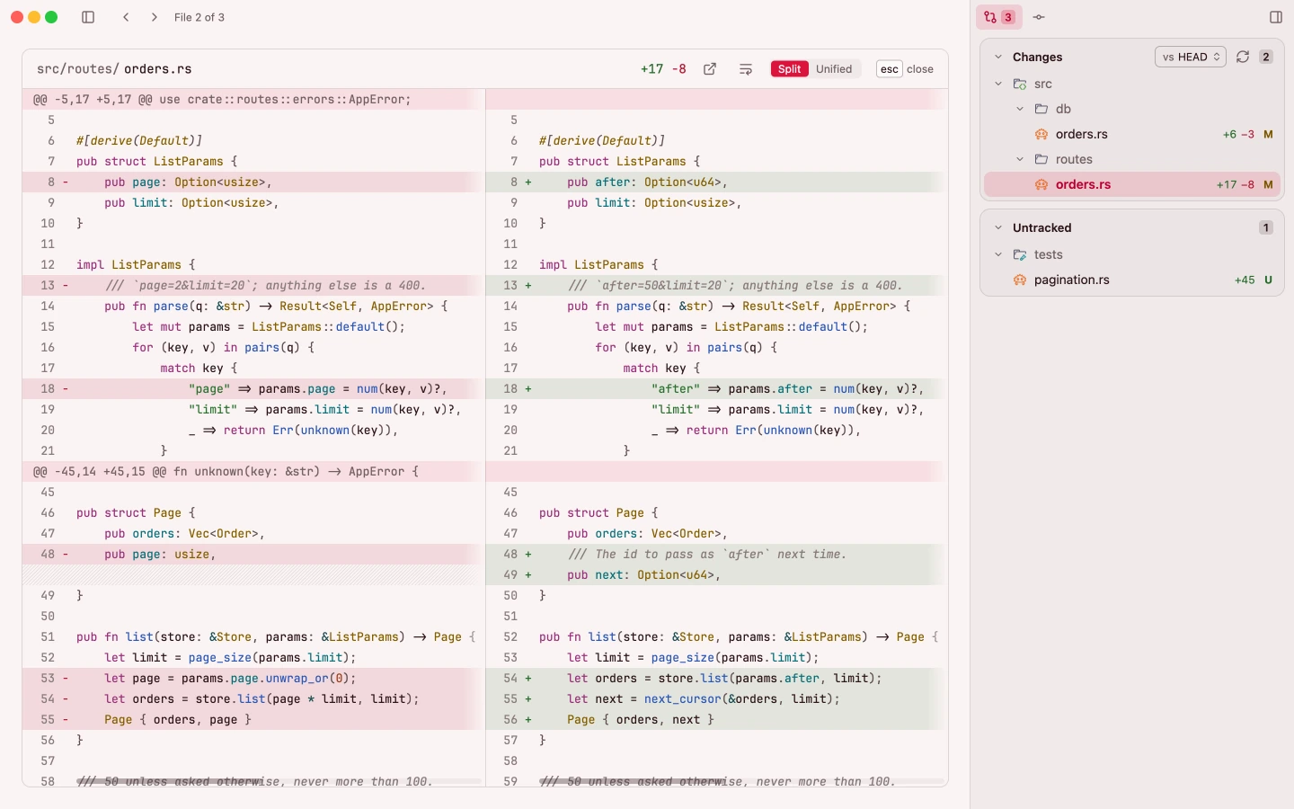 The Changes tab with two modified files and one new test file, and a side-by-side diff of src/routes/orders.rs moving the orders list from page numbers to an after cursor.