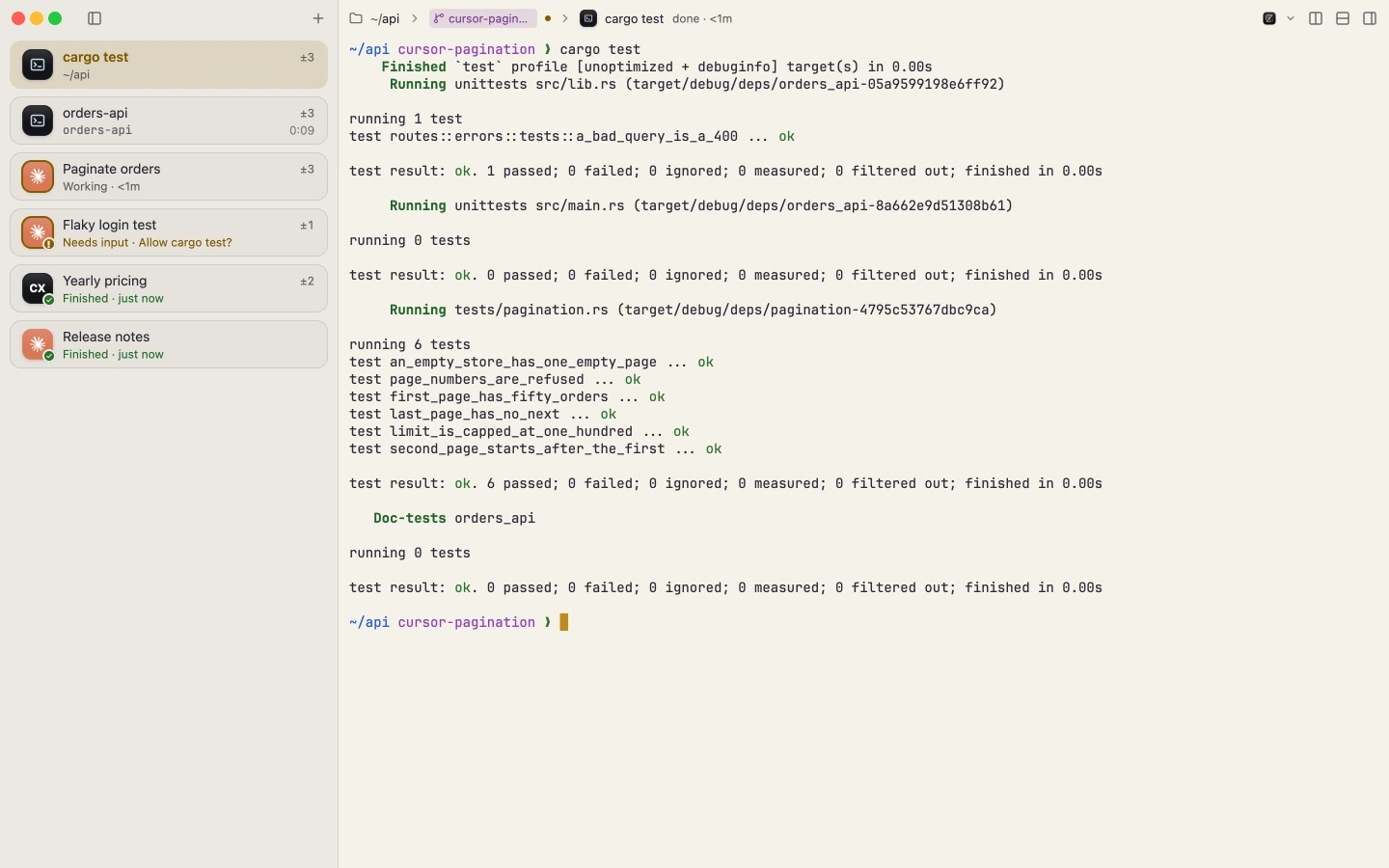 The Wormhole window with its sidebar: six terminals, a shell and a running server in ~/api, an agent working, one asking for approval to run cargo test, two finished; a cargo test run in the terminal, all tests passing.