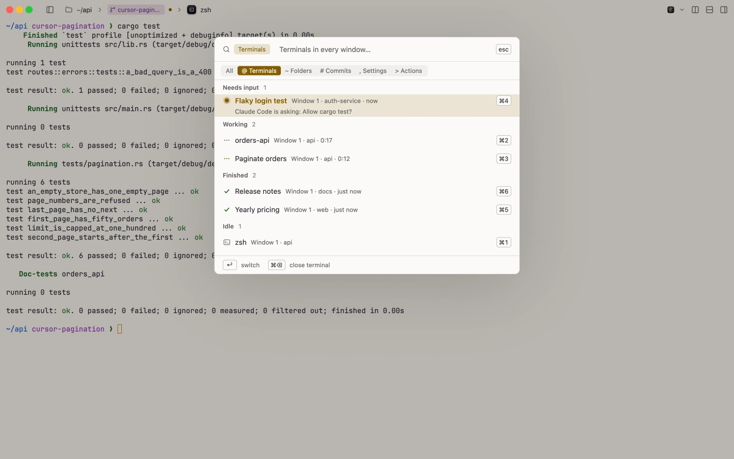 The command palette listing terminals by status over a test run: one needs input, two working, two finished, one idle, each with its ⌘ number.
