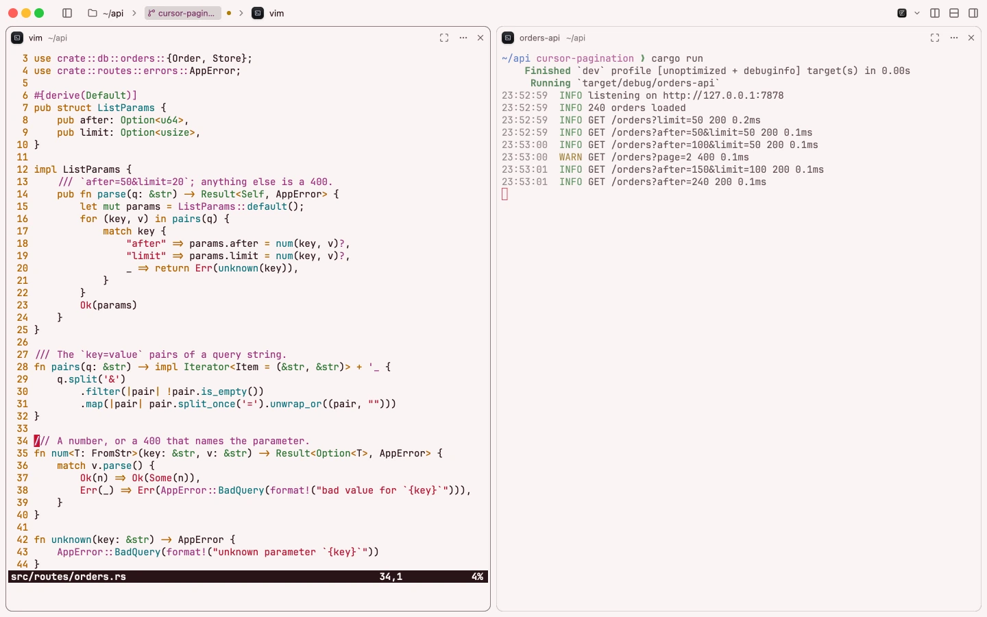 Two terminals side by side: vim editing src/routes/orders.rs on the left, the server's log on the right, with a 400 warning for an old page parameter.