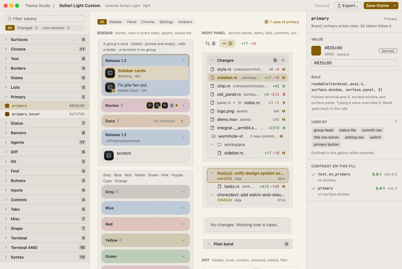 The Theme Studio: the token groups on the left, a gallery of the app's parts in the middle, and the primary color's value, rule and contrast checks on the right.